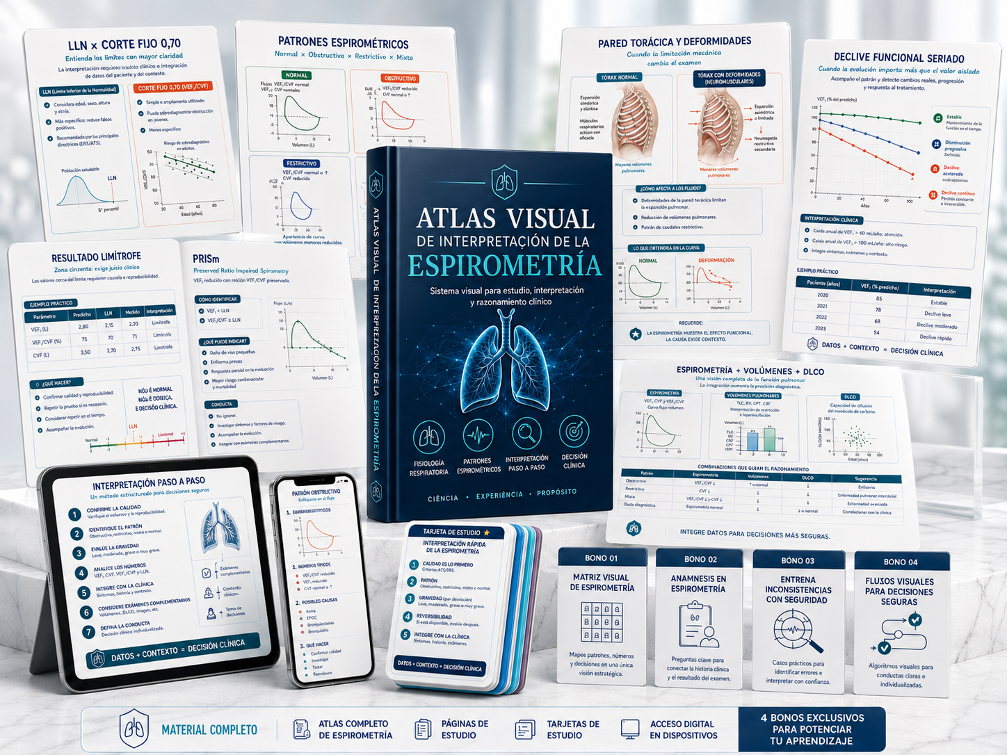 Mockup del Atlas Visual de Interpretación de la Espirometría con los módulos en PDF